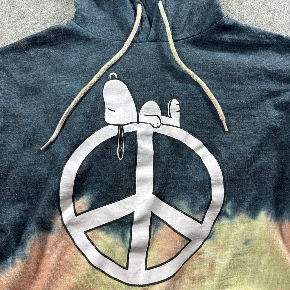 Peanuts Hoodie Women Medium Navy Blue Tie Dye Snoopy Peace Sign Cropped Raw Hem